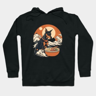 Doberman Eating Sushi, Great Wave Hoodie